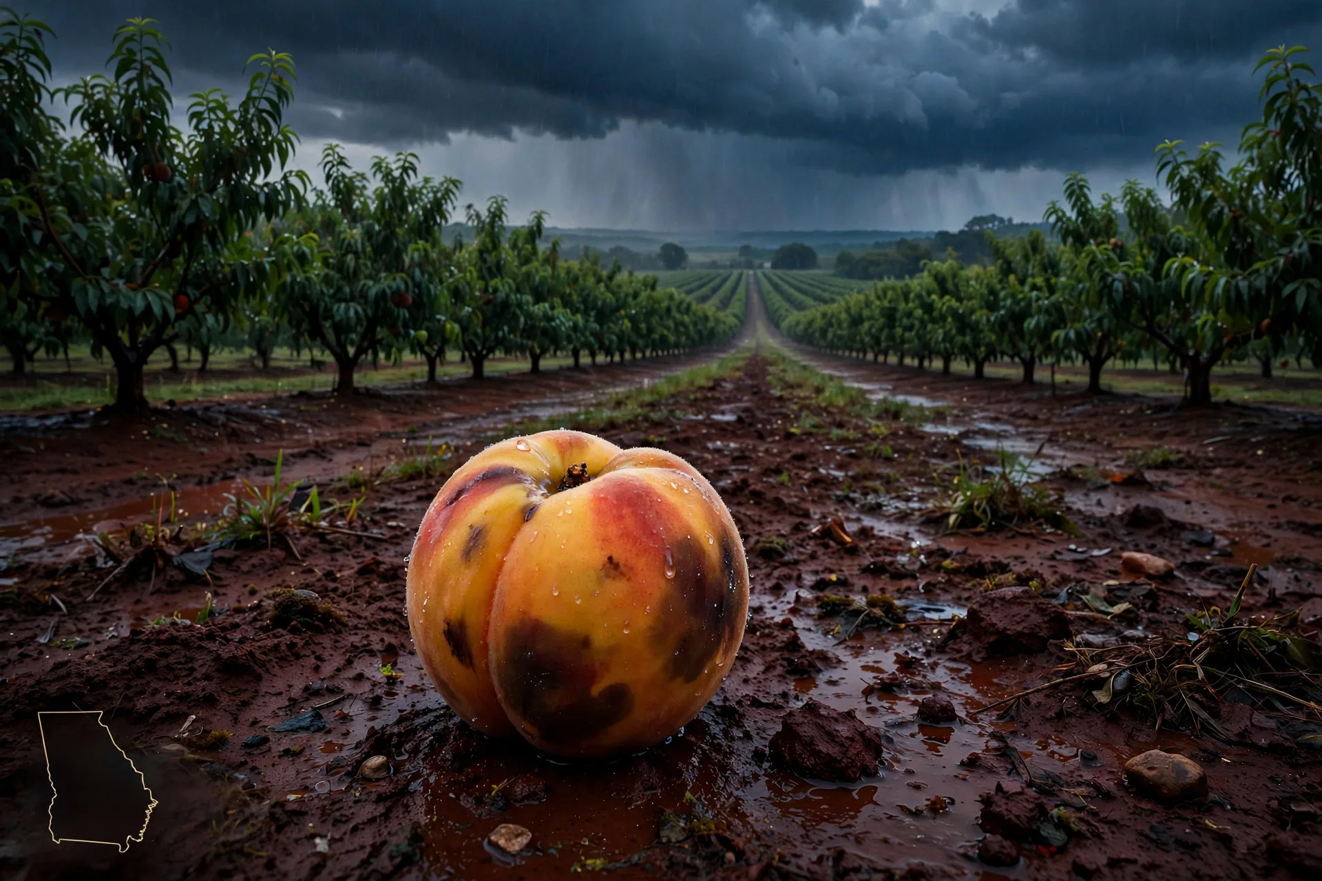 Bruised peach on Georgia red clay under storm clouds in a peach orchard, with a gold outline of the state of Georgia